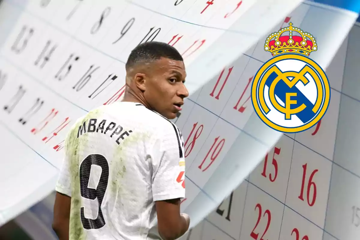 Un jugador de fútbol con la camiseta número 9 y el nombre "Mbappé" en la espalda, con un calendario de fondo y el escudo del Real Madrid.