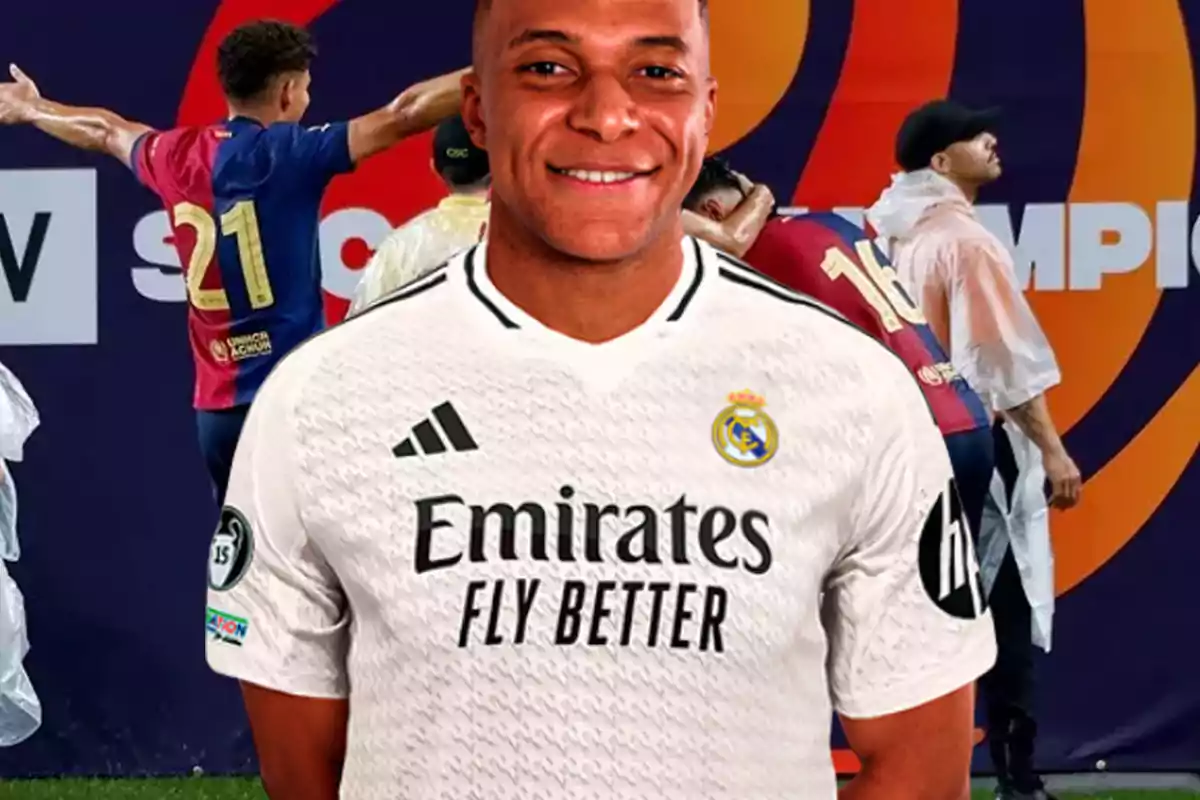 Un jugador de fútbol con la camiseta del Real Madrid frente a un fondo con otros jugadores y un logotipo.