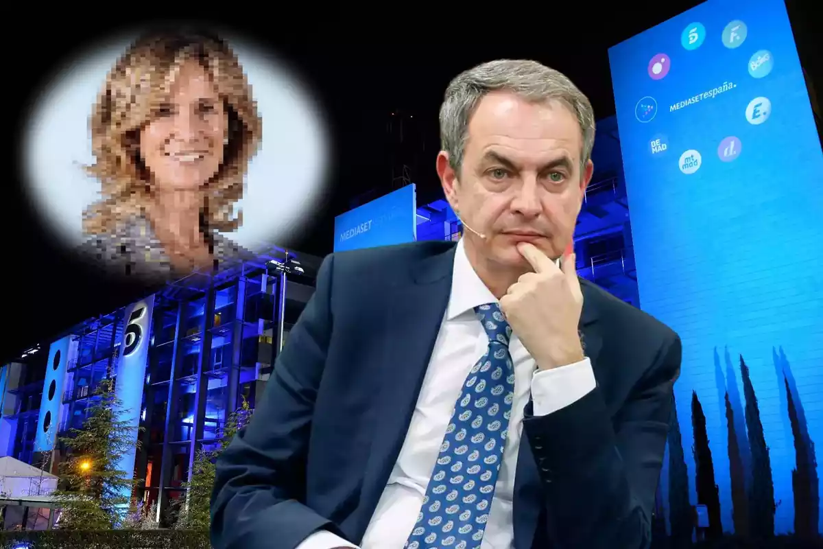 José Luis Rodríguez Zapatero delante de una foto difuminada de una ministra y de la fachada de Mediaset