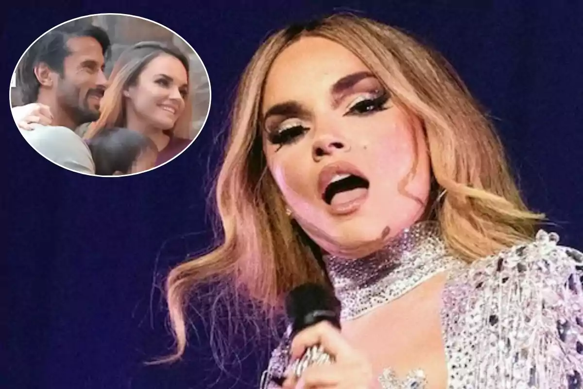 Una cantante en el escenario con un micrófono y un recuadro que muestra a una pareja sonriendo.