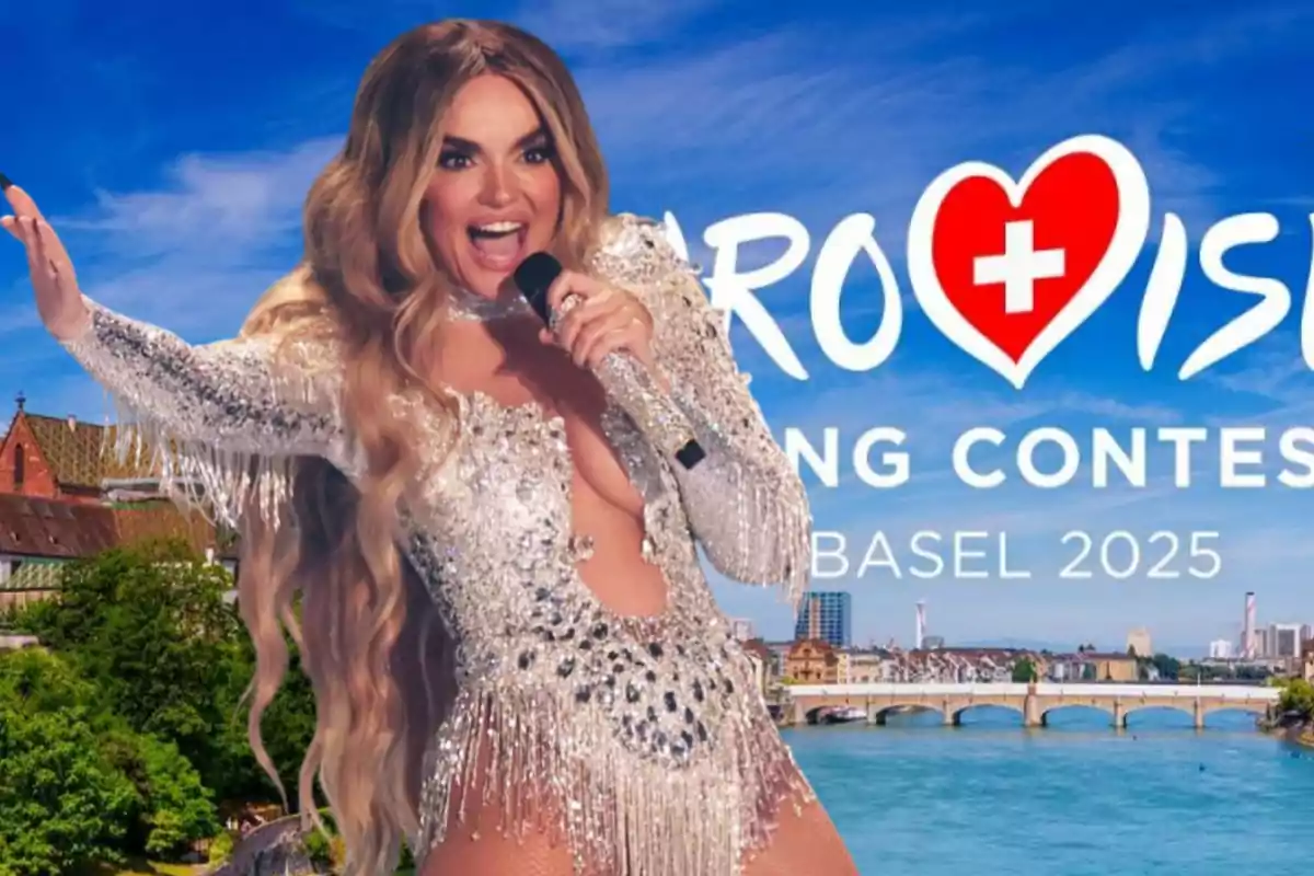 Cantante con micrófono en mano y vestido brillante frente a un fondo que anuncia un concurso de canto en Basilea 2025.