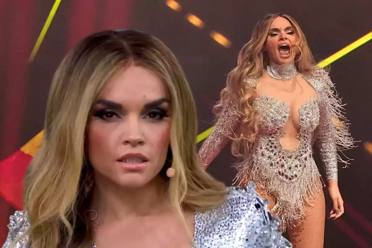 Una persona con un vestido brillante y expresión intensa en un escenario iluminado.