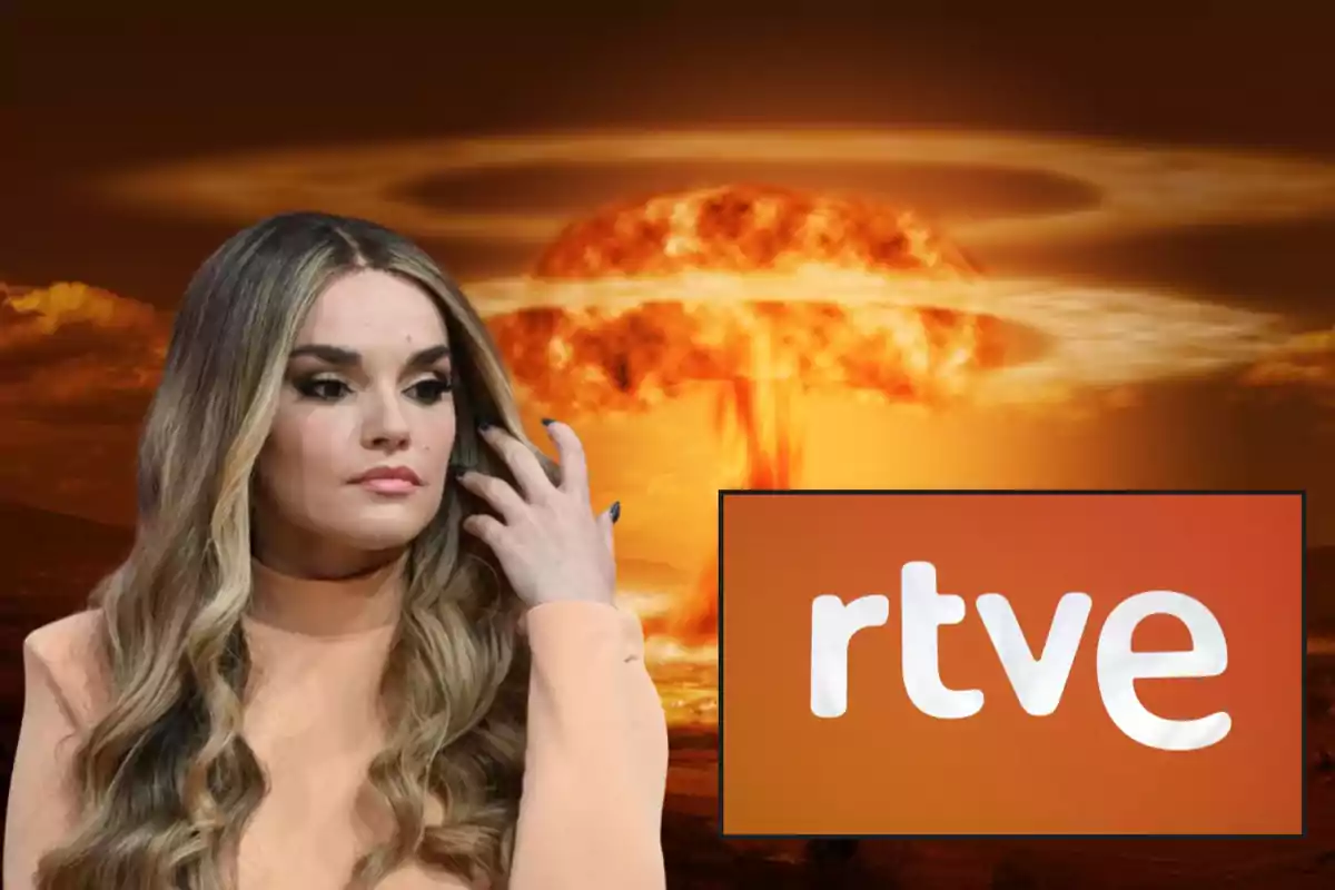 Mujer con expresión seria frente a una explosión nuclear de fondo y el logo de rtve en primer plano