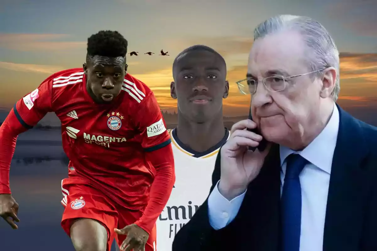 Tres personas, una con uniforme de fútbol del Bayern de Múnich, otra con uniforme del Real Madrid y una tercera persona mayor con traje y corbata hablando por teléfono, con un fondo de atardecer.