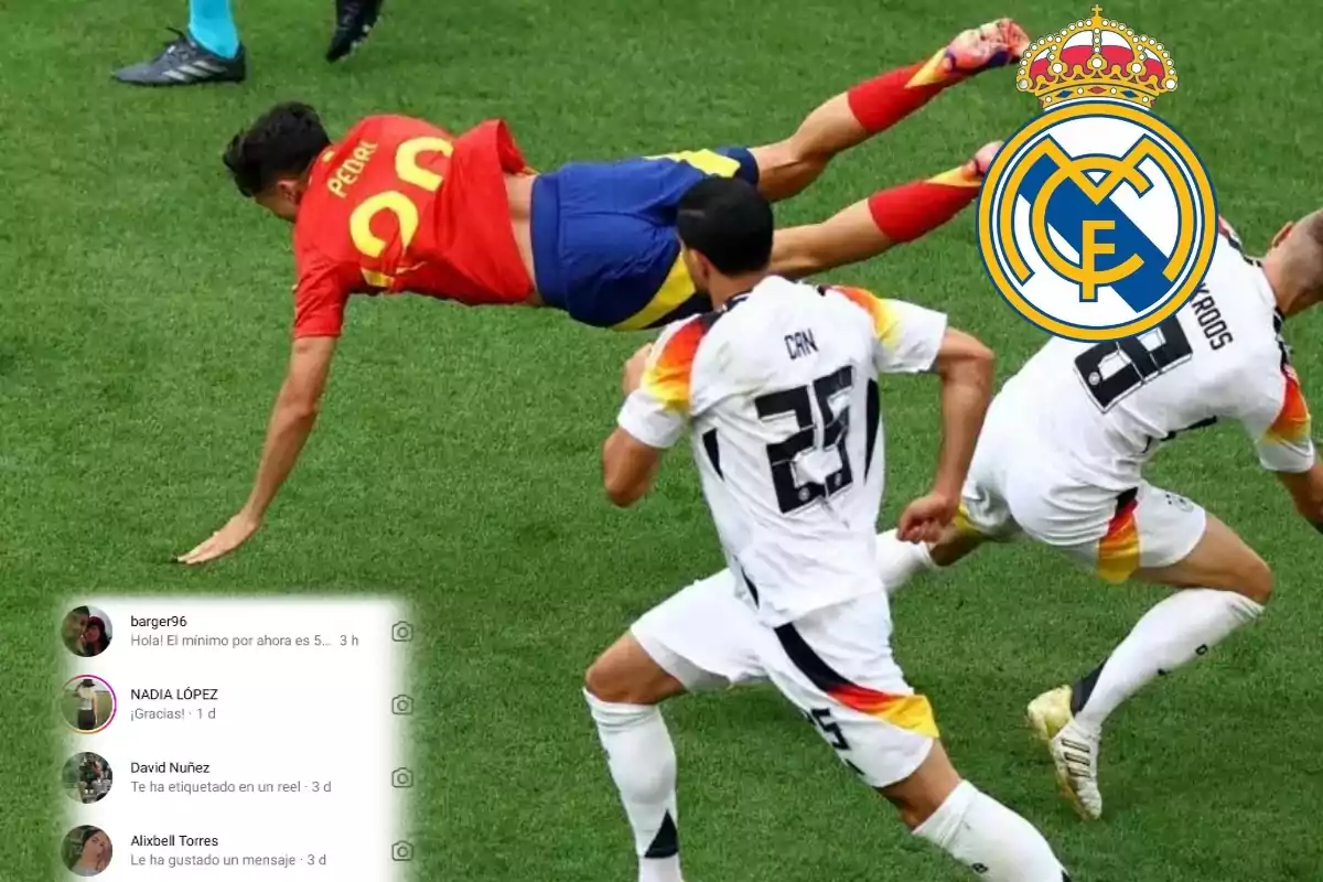 Jugadores de fútbol en acción durante un partido, con un jugador de España cayendo al suelo y dos jugadores del equipo contrario corriendo, además de un logotipo del Real Madrid y una sección de comentarios de redes sociales superpuesta.