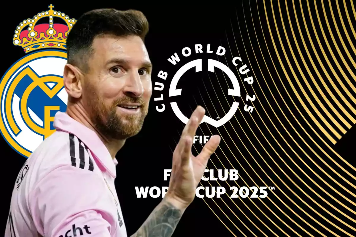 Un jugador de fútbol con camiseta rosa frente a un logo del Real Madrid y el emblema del Mundial de Clubes 2025 de la FIFA.