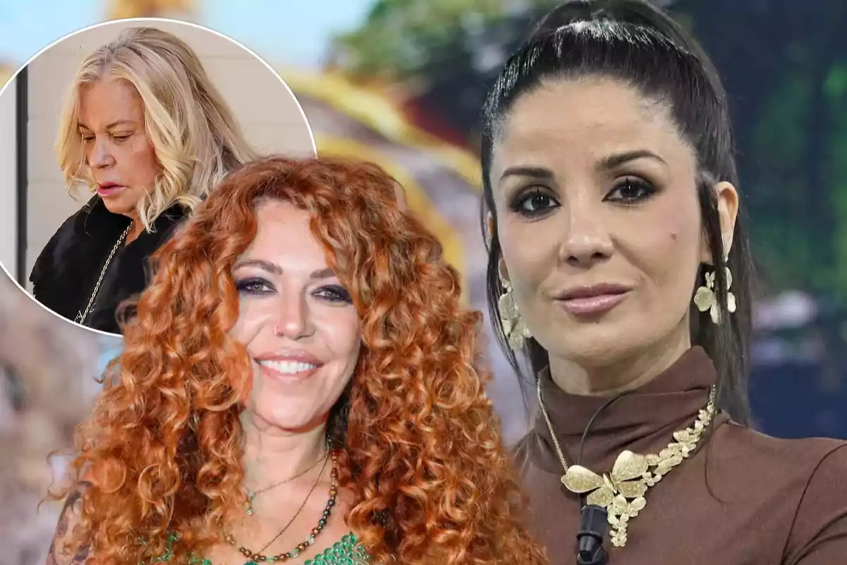 Tres mujeres posan para la cámara, una de ellas con cabello rizado y rojo, otra con cabello lacio y oscuro, y una tercera con cabello rubio en un recuadro circular.