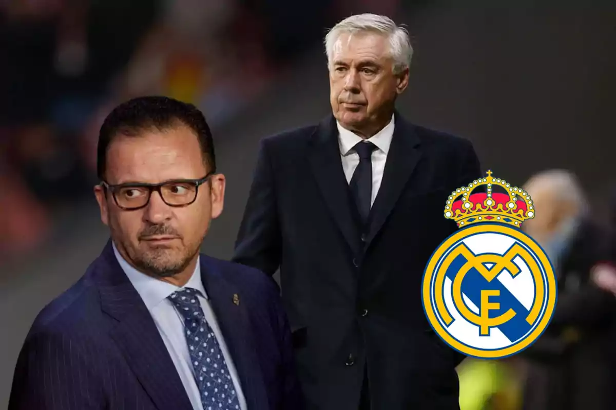 Dos hombres en traje con el logo del Real Madrid.