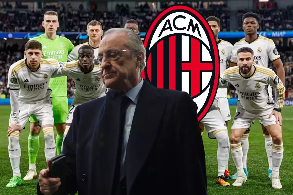 Florentino Pérez con una parte del equipo del Real Madrid detrás y el escudo del AC Milán