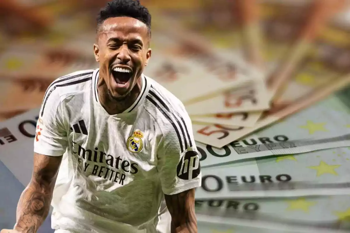 Un jugador de fútbol con la camiseta del Real Madrid celebra con billetes de euro de fondo.