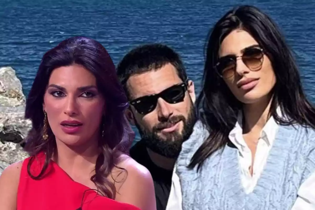 Una mujer con vestido rojo aparece en primer plano, mientras que al fondo hay un hombre con gafas de sol y barba junto a una mujer con gafas de sol, con el mar de fondo.