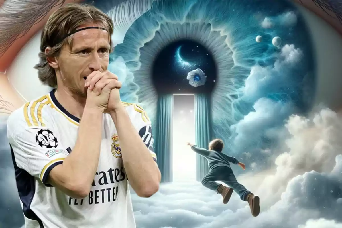 Un jugador de fútbol con la camiseta del Real Madrid aparece en primer plano, mientras que en el fondo se observa una imagen surrealista de un ojo gigante con una puerta abierta que conduce a un cielo lleno de nubes y un niño corriendo hacia la puerta.