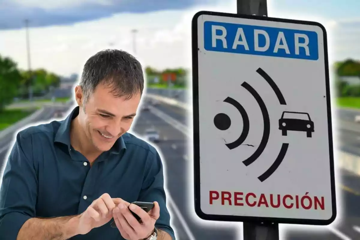 Hombre sonriendo mientras usa su teléfono móvil junto a una señal de tráfico que indica la presencia de un radar y la palabra "PRECAUCIÓN".