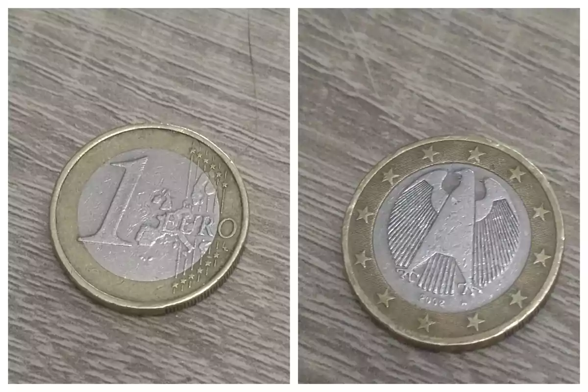 Moneda de 1 euro con el anverso y reverso mostrando el mapa de Europa y un águila respectivamente.