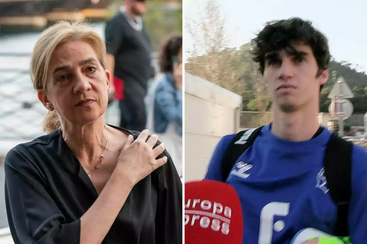 La infanta Cristina con cabello rubio y expresión seria está a la izquierda, mientras que a la derecha hay Pablo Urdangarin con camiseta azul y mochila, frente a varios micrófonos.