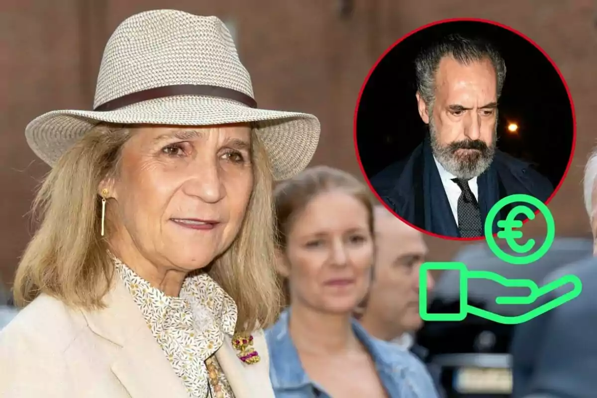 La infanta Elena con sombrero claro y chaqueta beige, con un círculo rojo que muestra a Jaime de Marichalar de barba y traje, junto a un icono de mano con símbolo de euro.