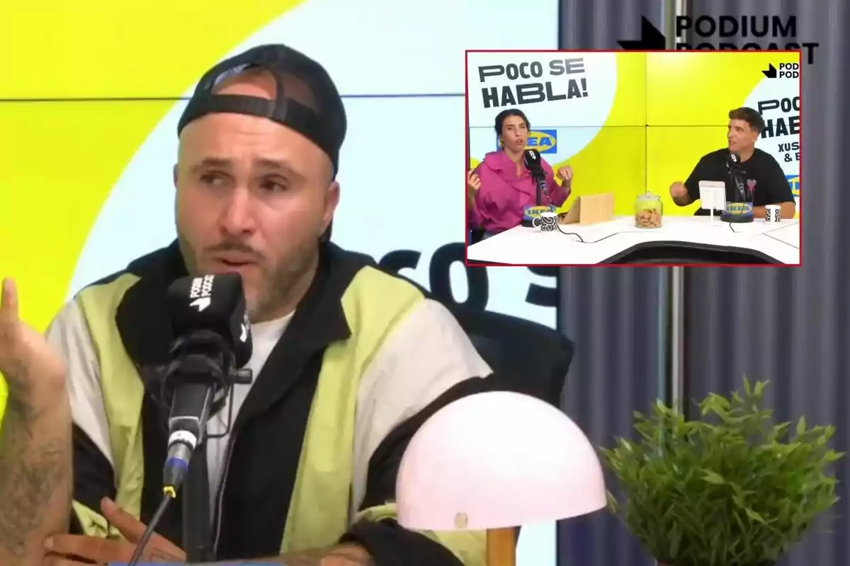 Kiko Rivera con gorra y chaqueta habla frente a un micrófono en un estudio de podcast con un fondo amarillo y negro. En la esquina superior derecha hay una imagen insertada de Ana Biten y Xuso Jones en una mesa de discusión con el texto 