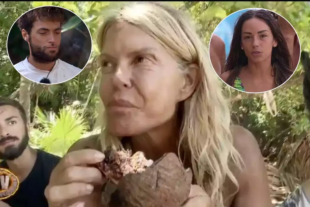 Una mujer rubia sostiene un coco mientras está sentada en un entorno selvático, con dos imágenes circulares de otras personas en la parte superior.
