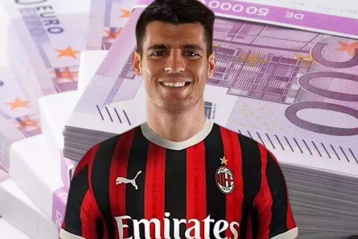 Morata con la camiseta del AC Milan está frente a una pila de billetes de 500 euros.