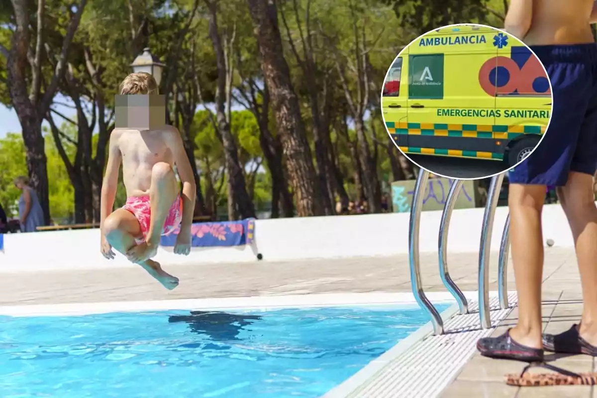 Un niño con traje de baño rosa salta hacia una piscina mientras otra persona observa desde el borde; en un recuadro se muestra una ambulancia de emergencias sanitarias.