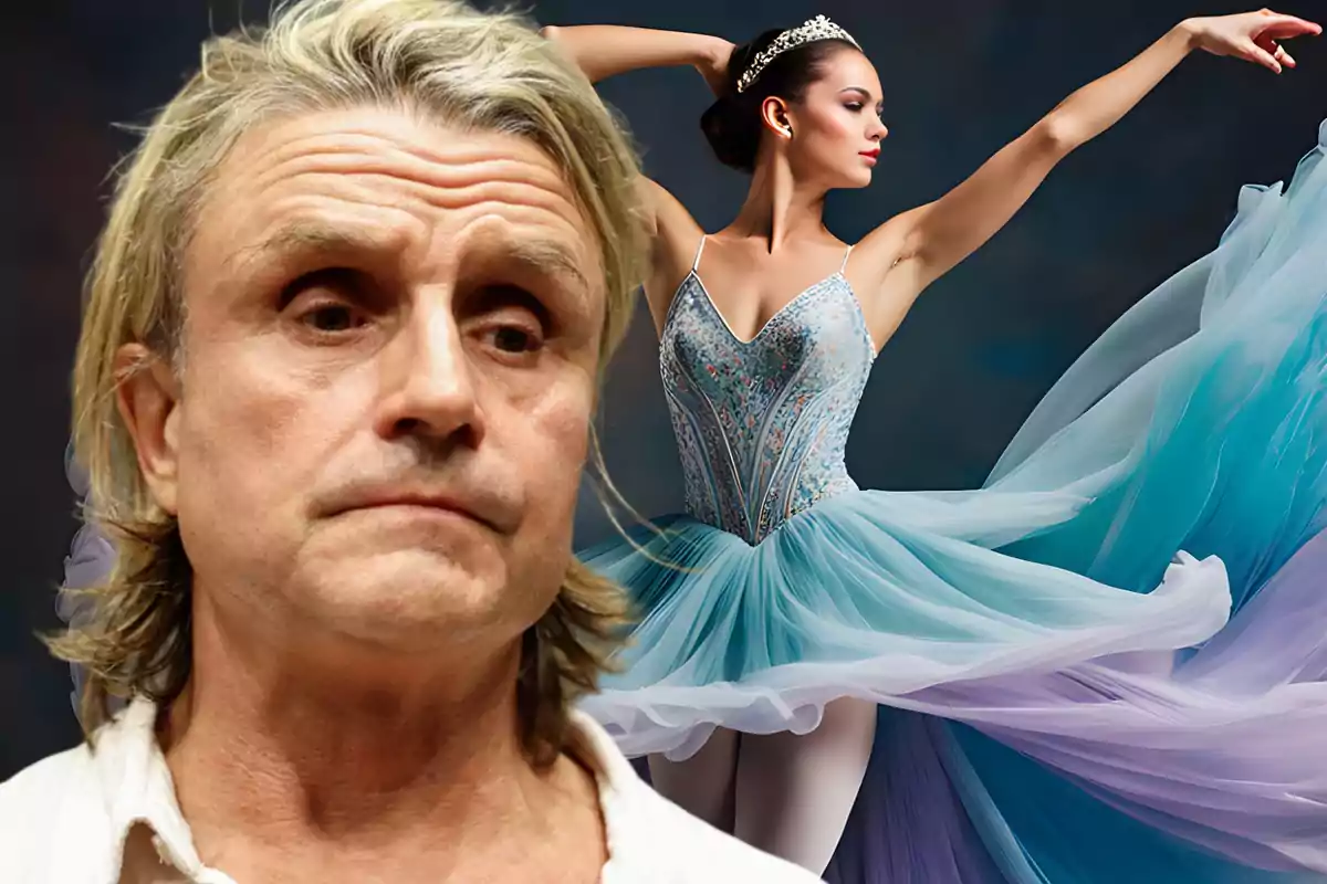 Un hombre de cabello rubio y expresión seria en primer plano, con una bailarina de ballet en un elegante vestido azul y pose artística en el fondo.