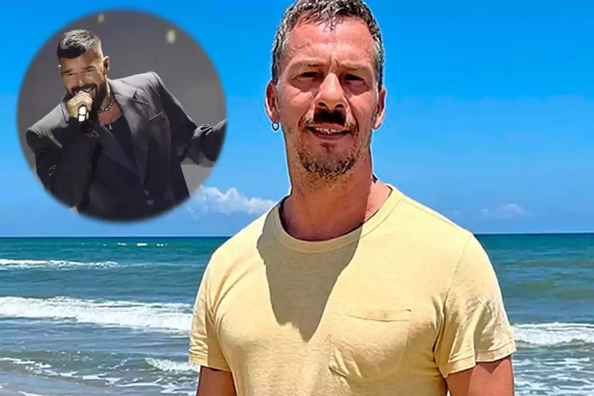 Hombre de pie en la playa con una imagen circular de un cantante en el fondo.