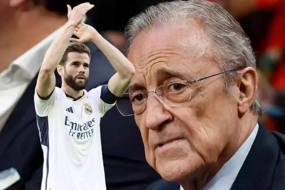 Un jugador del Real Madrid aplaudiendo y un hombre mayor con gafas en el fondo.