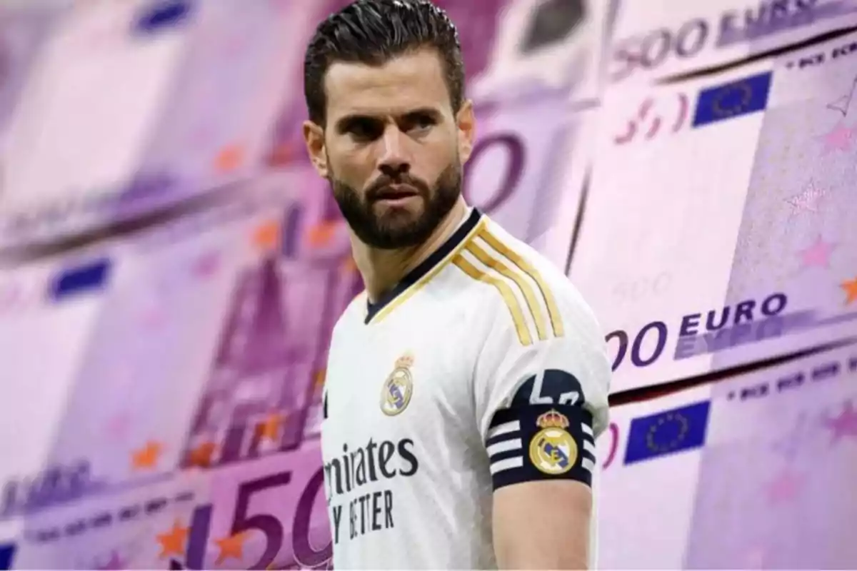 Jugador de fútbol con uniforme blanco del Real Madrid, con fondo de billetes de 500 euros.