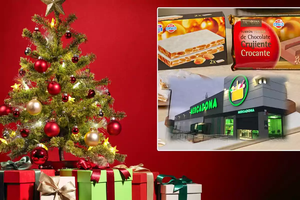 Árbol de Navidad decorado con esferas rojas y doradas junto a regalos envueltos, con una imagen superpuesta de productos de turrón y una tienda de Mercadona.