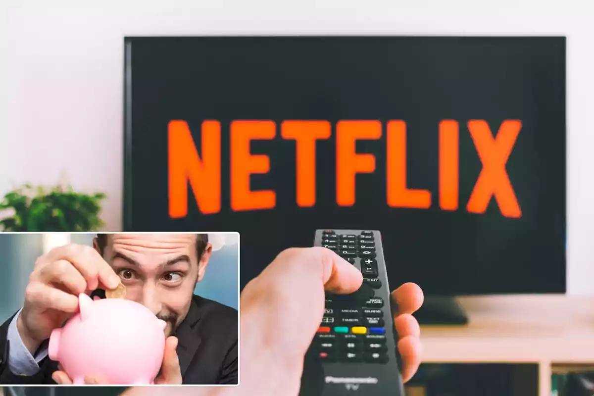 Persona sosteniendo un control remoto frente a una pantalla de televisión con el logo de Netflix y una imagen insertada de un hombre colocando una moneda en una alcancía.