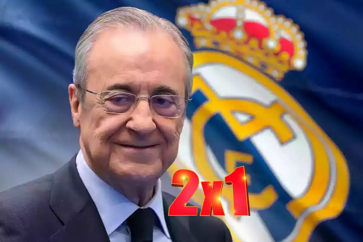 Florentino Pérez frente a un fondo con el escudo del Real Madrid y un texto que dice "2x1".