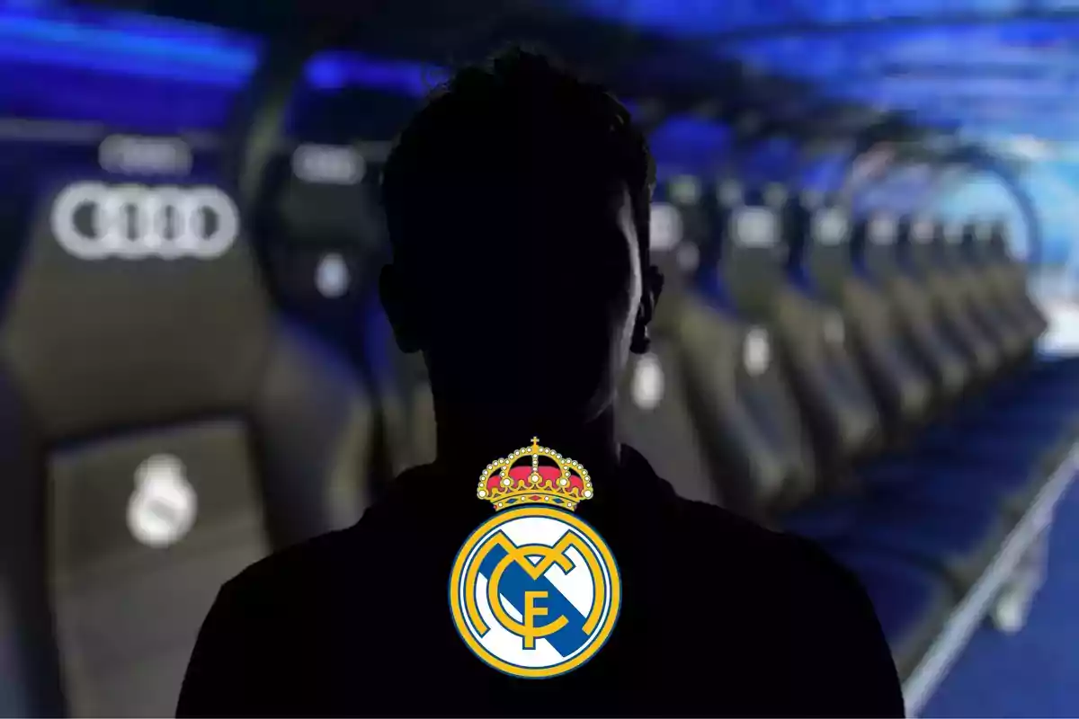 Silueta de una persona con el logo del Real Madrid en el pecho, con asientos de un estadio de fondo.