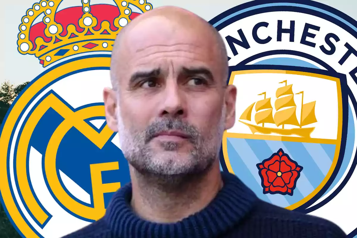 Guardiola frente a los escudos del Real Madrid y Manchester City.