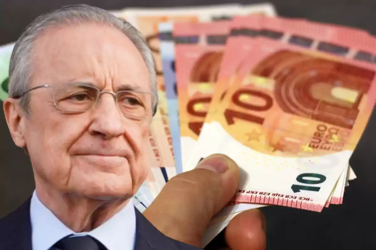 Un hombre mayor con gafas y traje junto a un manojo de billetes de euro.