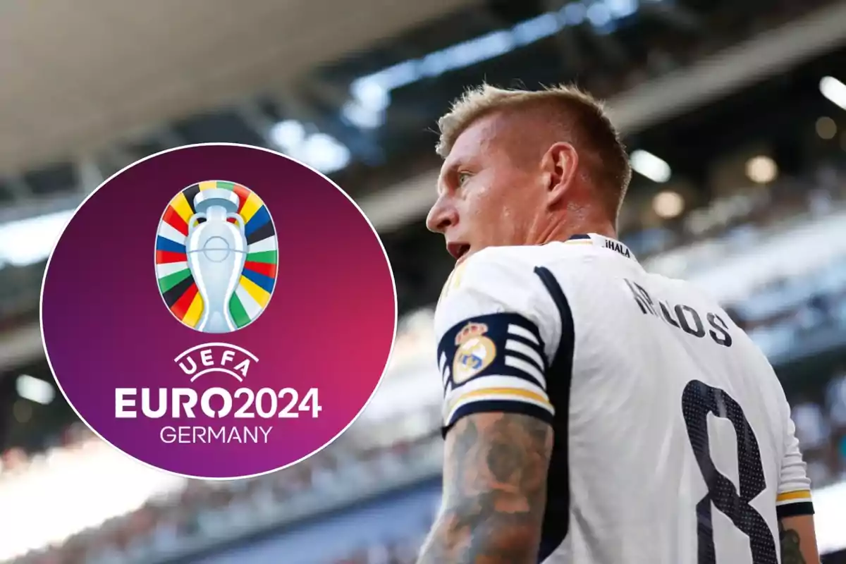 Un jugador de fútbol con el uniforme del Real Madrid aparece junto al logo de la UEFA Euro 2024 en un estadio.