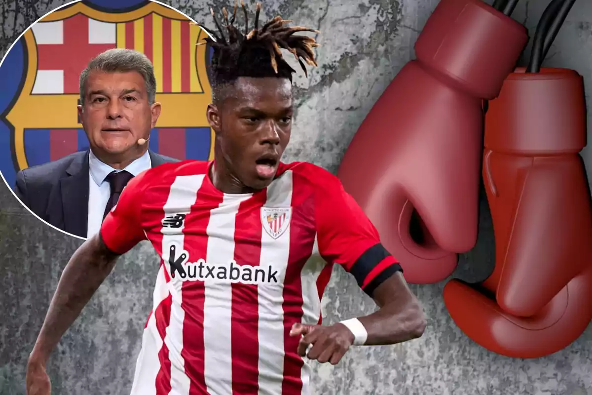 Un jugador de fútbol del Athletic Club con uniforme rojo y blanco corre en primer plano, mientras que en el fondo se ve un par de guantes de boxeo y un hombre con traje frente a un escudo del FC Barcelona.