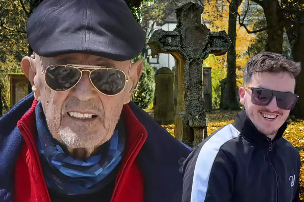 Dos hombres con gafas de sol posan frente a una cruz en un cementerio otoñal.