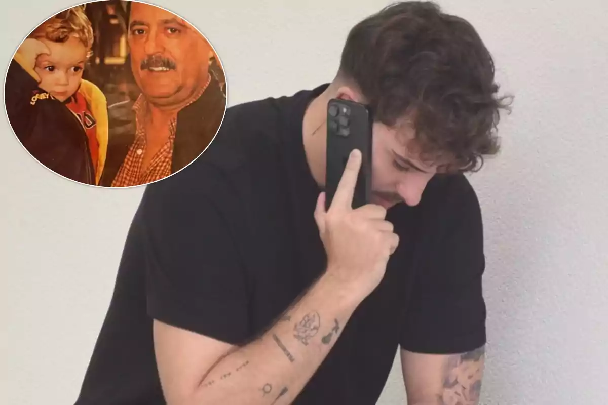 Un hombre con tatuajes en el brazo está hablando por teléfono, y en la esquina superior izquierda hay una imagen insertada de un hombre mayor con bigote sosteniendo a un niño pequeño.