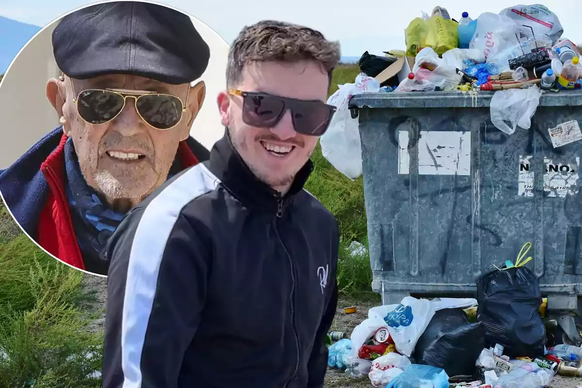 El nieto de Julián Muñoz con su abuelo al lado y un cubo de basura
