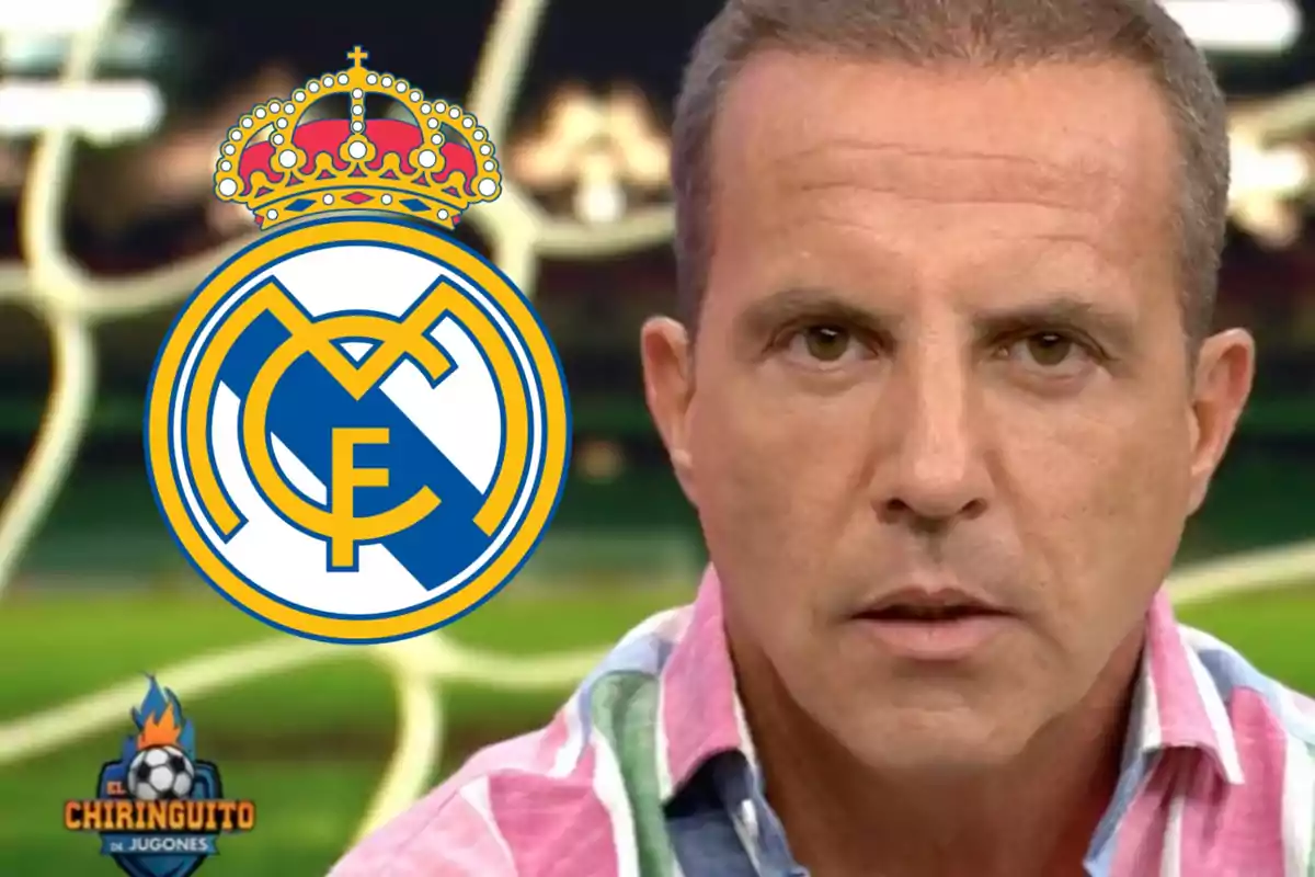 Un hombre con una camisa de colores aparece en primer plano, con el logo del Real Madrid y el logotipo del programa "El Chiringuito de Jugones" en el fondo.