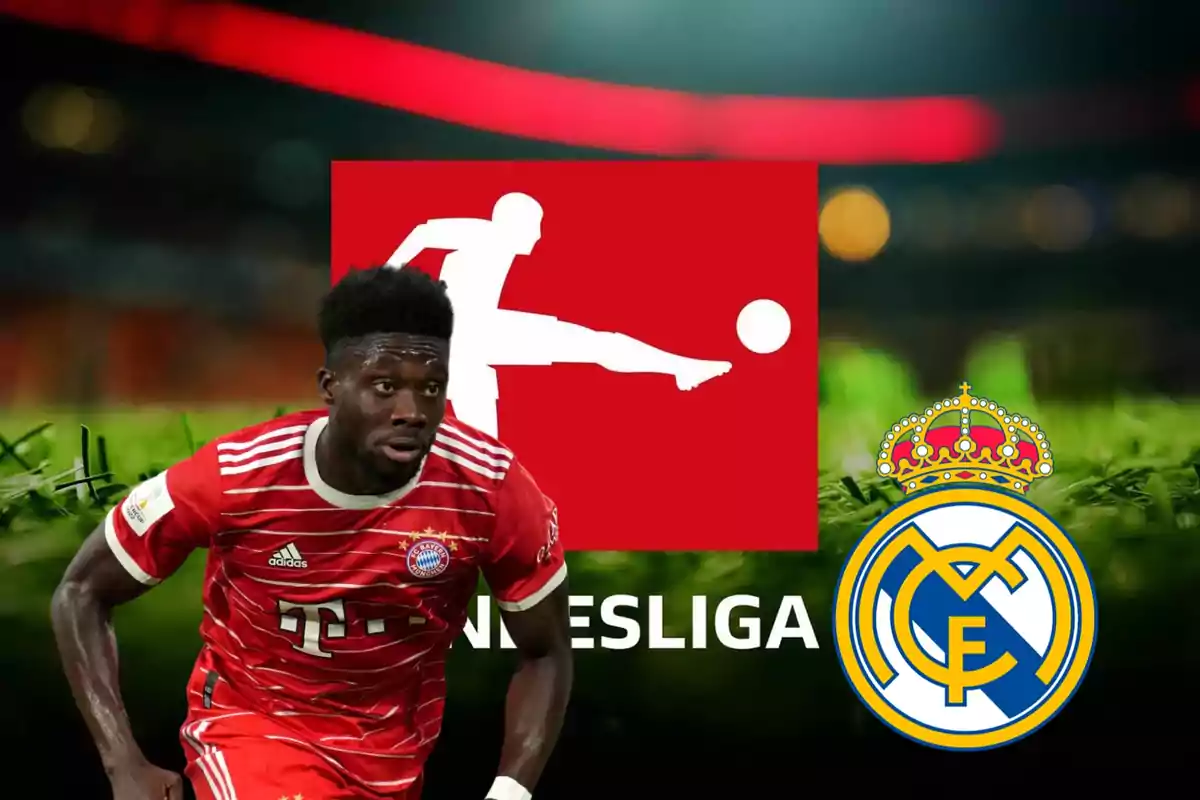 Un jugador del Bayern Múnich con el logo de la Bundesliga y el escudo del Real Madrid en el fondo.