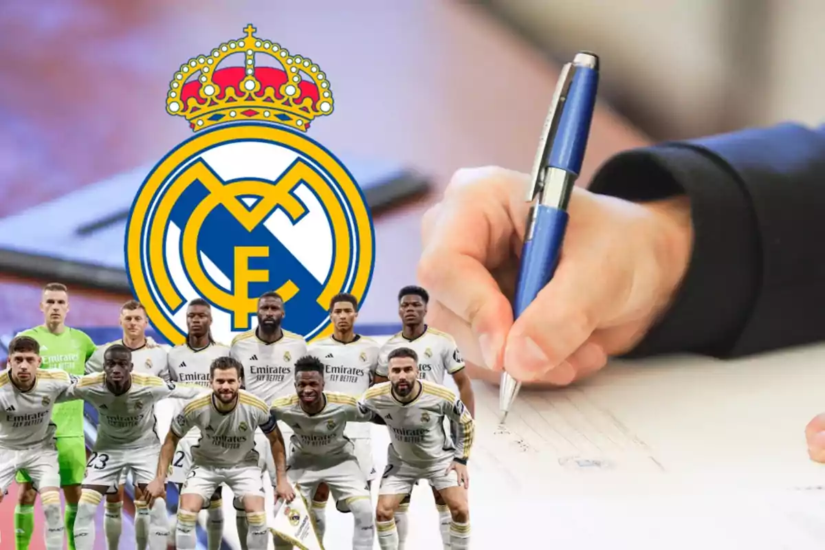 Una imagen del once inicial del Real Madrid delante del escudo del club y de fondo una mano firmando un documento