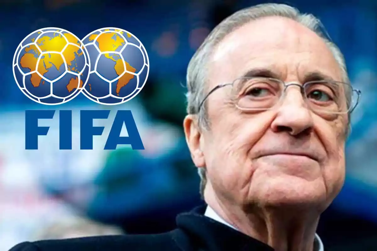 Hombre mayor con gafas junto al logo de la FIFA.