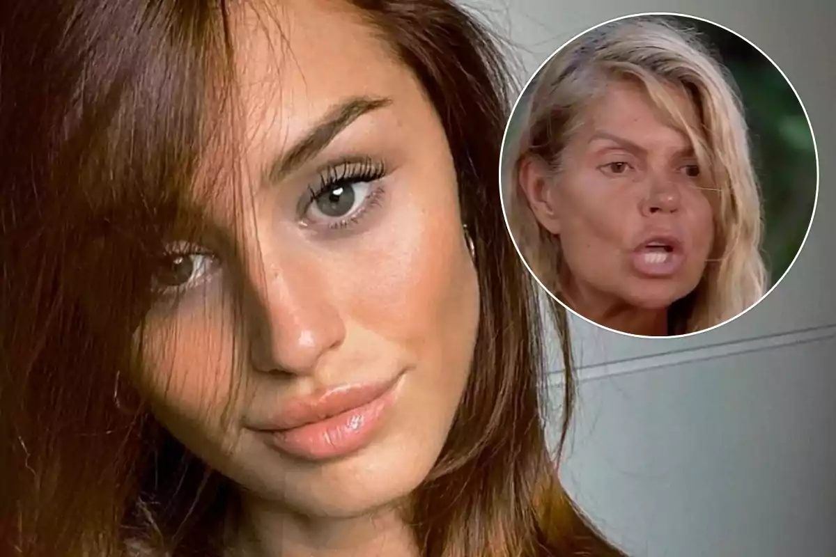 Una mujer joven con cabello castaño y ojos claros en primer plano, con un recuadro que muestra a otra mujer rubia hablando.