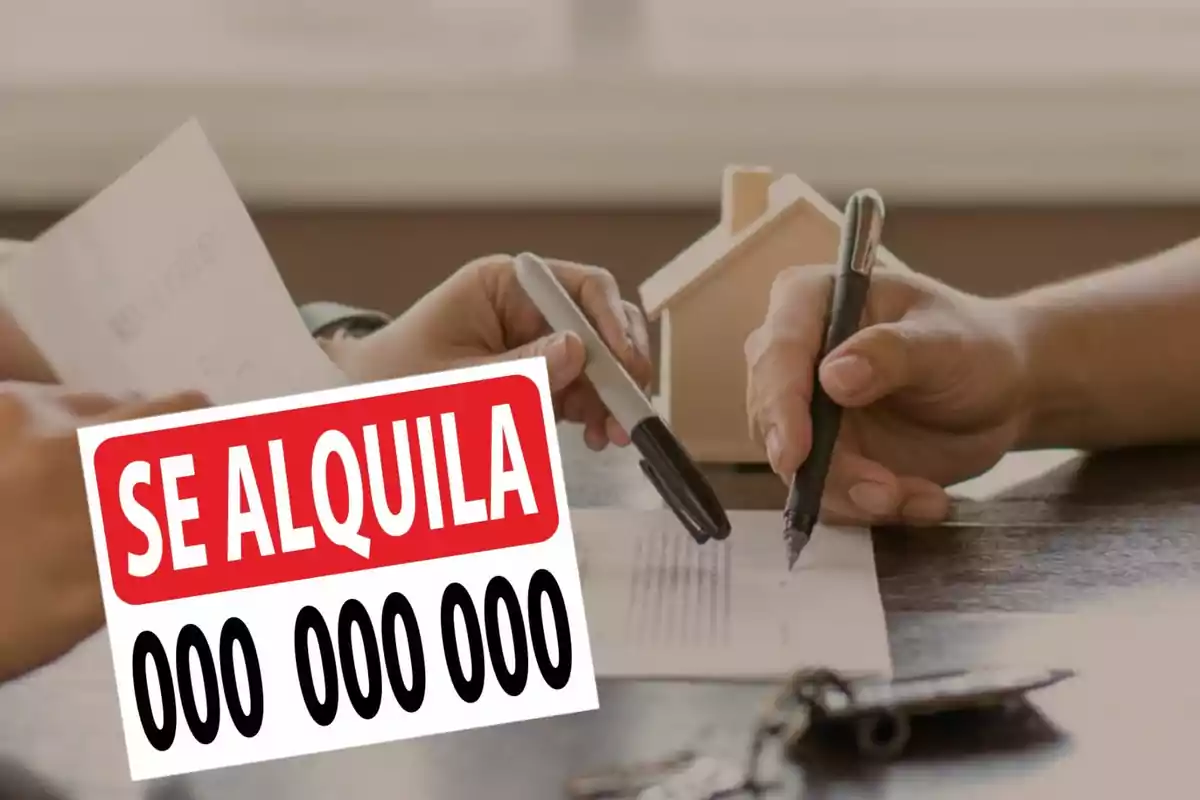 Dos personas firmando un contrato de alquiler con un cartel de "Se Alquila" y un número de teléfono.