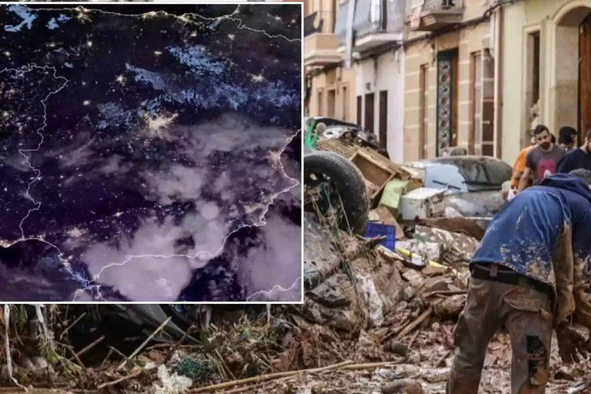 Imagen que muestra un mapa satelital nocturno de la península ibérica junto a una escena de personas limpiando escombros en una calle tras una inundación.