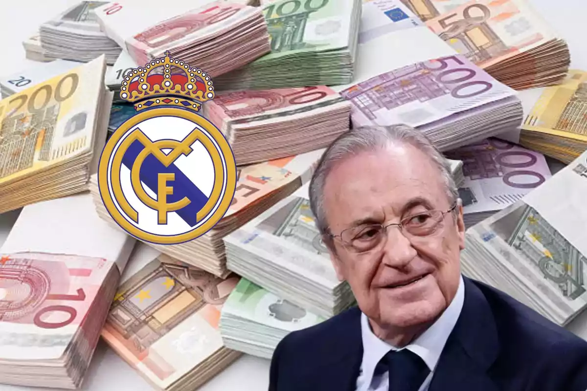 Hombre mayor con gafas y traje frente a pilas de billetes de euro y el escudo del Real Madrid.