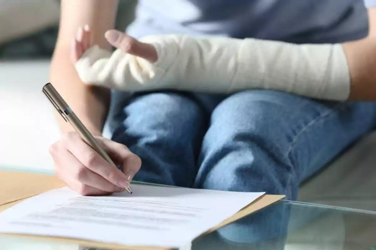 Persona con brazo enyesado firmando un documento sobre una mesa de vidrio.