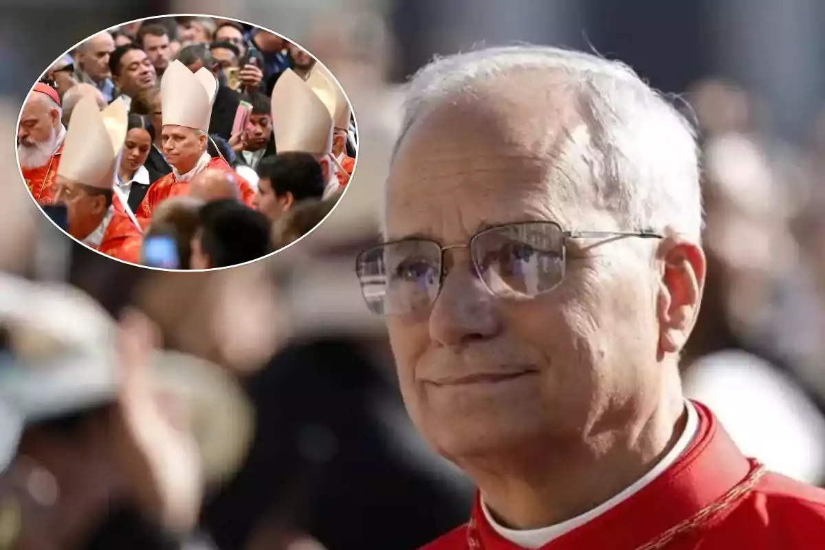 Un hombre mayor con gafas y vestimenta religiosa roja aparece en primer plano mientras en un recuadro se observa a varios clérigos con mitras rodeados de una multitud.