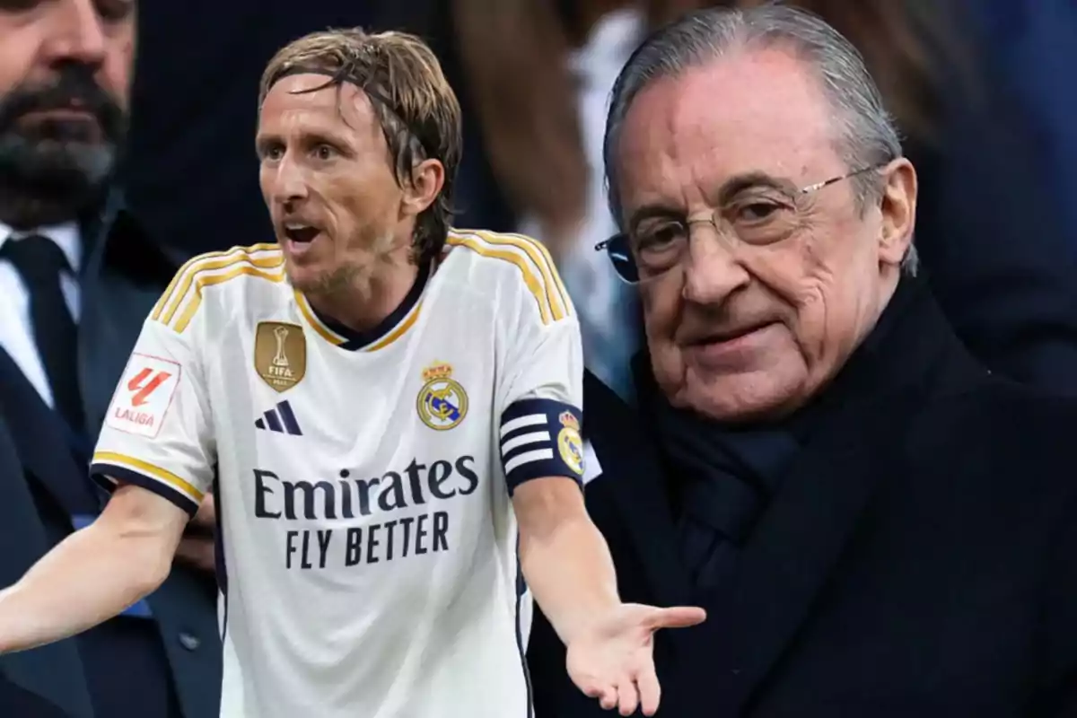 Luka Modric con la camiseta del Real Madrid y los brazos abiertos y de fondo Florentino Pérez con abrigo y media sonrisa